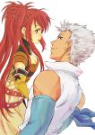  1boy 1girl bare_shoulders belt blue_eyes breasts cleavage elbow_gloves gloves grey_hair long_hair loni_dunamis midriff nanaly_fletch red_eyes redhead short_hair short_shorts shorts tales_of_(series) tales_of_destiny_2 twintails 