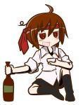  1girl ahoge black_legwear brown_eyes brown_hair drunk medisuke necktie necktie_on_head no_shoes original socks 