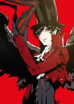  1boy arsene_(persona_5) arsene_(persona_5)_(cosplay) black_hair cosplay gloves hat highres kurusu_akira looking_at_viewer male_focus mask nanaya_(daaijianglin) persona persona_5 short_hair smile solo top_hat wings 