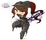  1girl armor blush brown_hair chibi dark_souls dark_souls_ii from_software genderswap green_eyes looking_at_viewer old_dragonslayer ponytail souls_(from_software) spear thick_thighs 