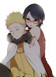  1boy 1girl black_hair blonde_hair cape closed_eyes glasses hug_from_behind naruto naruto_gaiden nipye red_eyes sharingan short_hair spiky_hair uchiha_sarada uzumaki_naruto whiskers 