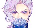  1boy angelo_sauper close-up eyelashes flower gundam gundam_unicorn looking_at_viewer male_focus rose silver_hair simple_background snj solo tsurime uniform violet_eyes wavy_hair white_background 