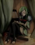  apple barrel book closed_eyes feet final_fantasy final_fantasy_crystal_chronicles food fruit fur_trim green_hair long_hair selkie sitting toeless_legwear toeless_socks 