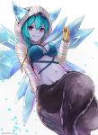  1girl blue_hair blue_skin breasts cleavage closed_mouth fang female hellice_frost_demon_(p&amp;d) hood hoodie horns ice long_sleeves looking_at_viewer midriff monster_girl navel puzzle_&amp;_dragons smile solo violet_eyes white_background wings yukihama 