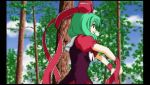  1girl animated animated_gif bangs blue_sky clouds cloudy_sky dancing forest green_hair hair_ornament kagiyama_hina long_hair nature open_mouth outdoors puffy_short_sleeves puffy_sleeves short_sleeves sky smile solo standing tagme touhou tree walking 