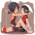  10s 1boy 1girl assertive barefoot beanie black_hair bracelet brown_eyes brown_hair dark_skin fang feet frown grey_eyes halter_top halterneck hands_on_another&#039;s_shoulders hat heart hetero higana_(pokemon) jewelry kneehighs no_shoes nyonn24 pokemon pokemon_(game) pokemon_oras ponytail red_eyes short_shorts shorts smile socks spoken_heart sweatdrop toeless_legwear toes twitter_username yuuki_(pokemon) yuuki_(pokemon)_(remake) 