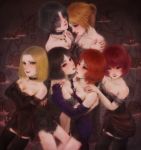  6+girls artist_request bare_legs bare_shoulders black_dress black_gloves black_hair blonde_hair blue_eyes blush breasts brown_hair choker cleavage collarbone demon&#039;s_souls detached_collar dress elbow_gloves female fingerless_gloves from_software girl_sandwich gloves highres hug incipient_kiss jewelry legs lips lipstick looking_at_another looking_at_viewer makeup multiple_girls mutual_yuri neck necklace one_eye_closed purple_dress purple_gloves red_eyes red_lipstick redhead sandwiched short_hair skull smile souls_(from_software) standing strapless strapless_dress wince wink yuri 