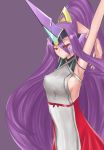  1girl arc_system_works arms_over_head artist_request bare_shoulders blazblue blazblue:_central_fiction breasts hades_izanami headgear long_hair looking_at_viewer mikado_(blazblue) no_bra purple_hair red_eyes red_skirt skirt solo very_long_hair 