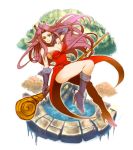  1girl angela_(seiken_densetsu_3) bare_shoulders boots breasts cleavage closed_mouth coattails full_body gloves green_eyes hair_intakes high_heel_boots high_heels holding holding_staff index_finger_raised koshi_(meermisa) large_breasts leotard long_hair pointy_ears purple_footwear purple_gloves purple_hair red_leotard seiken_densetsu seiken_densetsu_3 simple_background smile solo staff thighs tree water white_background 