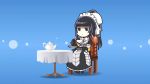  1girl black_hair chibi looking_at_viewer maid narberal_gamma overlord_(maruyama) ponytail sitting solo table tea_set 