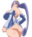  1girl ass bare_shoulders blue_eyes blue_hair blush breasts choker detached_sleeves female gigantic_breasts glasses hair_ornament hairclip highres leotard long_hair looking_at_viewer looking_back original plump precure shiny shiny_skin simple_background solo standing thick_thighs very_long_hair white_background wide_hips yukimaru_(gojo) 