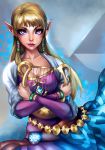  1girl blonde_hair blue_eyes breasts cleavage david_rios harp instrument looking_at_viewer nintendo pointy_ears princess_zelda solo the_legend_of_zelda the_legend_of_zelda:_skyward_sword 