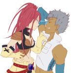  1boy 1girl bare_shoulders belt breasts cleavage closed_eyes dark_skin elbow_gloves gloves grey_hair long_hair loni_dunamis midriff nanaly_fletch navel open_mouth redhead short_hair short_shorts shorts tales_of_(series) tales_of_destiny_2 twintails violet_eyes 