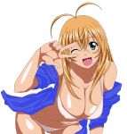  00s 1girl ahoge bikini blonde_hair blue_eyes breasts cleavage erect_nipples fang ikkitousen large_breasts leaning_forward long_hair looking_at_viewer one_eye_closed open_mouth smile solo sonsaku_hakufu swimsuit 