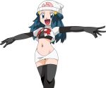  1girl blue_eyes blue_hair hainchu happy hikari_(pokemon) looking_at_viewer navel nintendo pokemon smile solo team_rocket_(cosplay) 