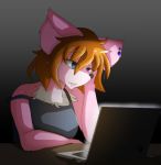  1girl artist_request blue_eyes brown_hair computer dog female furry gradient gradient_background indoors night short_hair solo upper_body 