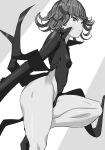  1girl ass bare_legs black_dress breasts curly_hair dress female hikawadou legs looking_at_viewer monochrome no_bra one-punch_man serious shiny shiny_skin small_breasts solo tatsumaki 