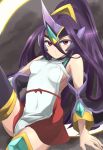  1girl arc_system_works bare_shoulders blazblue blazblue:_central_fiction breasts detached_sleeves hades_izanami headgear katako long_hair looking_at_viewer mikado_(blazblue) no_bra purple_hair red_eyes red_skirt skirt solo thigh-highs 
