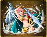 1girl arm_up armor armpits bikini_armor braid breasts cape female gladiator gloves helmet large_breasts long_hair navel official_art one_piece one_piece:_treasure_cruise pink_hair rebecca_(one_piece) smile solo sword weapon 