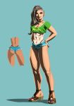  1girl alternate_costume ass back bare_legs blue_background breasts capcom concept_art crop_top crop_top_overhang female full_body laura_matsuda legs long_hair looking_at_viewer no_bra official_art short_shorts shorts simple_background smile solo street_fighter street_fighter_v thong under_boob 