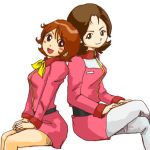  2girls brown_eyes brown_hair frau_bow gundam mirai_yashima mobile_suit_gundam multiple_girls uniform 