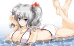  1girl alternate_costume ass bikini blue_eyes blush breasts butt_crack cleavage erect_nipples g_(desukingu) kantai_collection kashima_(kantai_collection) large_breasts long_hair looking_at_viewer lying on_stomach partially_submerged silver_hair smile solo swimsuit two_side_up wet white_bikini 