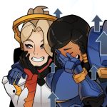  2girls armor black_hair blonde_hair blue_eyes bodysuit braid female gameplay_mechanics grin hair_ornament halo laughing_girls mechanical_halo meme mercy_(overwatch) multiple_girls overwatch pharah_(overwatch) reaction side_braid simple_background smile splashbrush upper_body white_background 