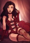  1girl asami_sato avatar:_the_last_airbender bed black_hair breasts cleavage collar eyeshadow fishnet_legwear fishnets iahfy lingerie lipstick looking_at_viewer makeup parted_lips pillow sitting smile solo the_legend_of_korra thigh-highs underwear 