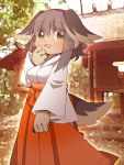  1girl blush brown_eyes brown_hair dog female furry japanese_clothes long_hair moka-momaka nature open_mouth outdoors plant solo 