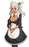  1girl blush breasts cleavage dark_skin detached_collar erectlip game_cg grey_hair happy highres kyonyuu_daimaou_no_dosukebe_quest:_kanzen_haiboku_shita_shounen_yuusha-kun_uc large_breasts long_hair long_sleeves looking_at_viewer maid maid_headdress open_mouth orange_eyes silver_hair simple_background smile solo standing suruga_kuroitsu twintails white_background 