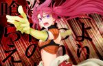  1girl belt bow_(weapon) breasts choker cleavage elbow_gloves gloves long_hair midriff nanaly_fletch navel open_mouth redhead tales_of_(series) tales_of_destiny_2 twintails violet_eyes weapon 