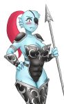  1girl blue_skin blush breasts cleavage eyepatch monster_girl orca_(artist) ponytail spear thick_thighs undertale undyne 