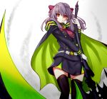  1girl artist_request bow brown_eyes cape female hair_bow hair_ornament hiiragi_shinoa holding holding_weapon long_hair owari_no_seraph purple_hair smile solo thigh-highs weapon 