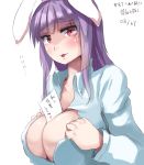  1girl animal_ears between_breasts blush breasts female heiya large_breasts long_hair open_clothes open_shirt purple_hair rabbit_ears reisen_udongein_inaba shirt simple_background solo touhou white_background 