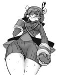  10s 1girl bare_legs fake_horns female heavy_breathing hood hoodie kagari_(pokemon) kagari_(pokemon)_(remake) legs looking_at_viewer monochrome naughty_face nintendo poke_ball pokemon pokemon_(game) pokemon_oras saliva solo sweat team_magma uniform wonetin 