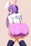  1girl animal_ears ass blush bunny_tail from_behind frown lactone long_hair looking_at_viewer looking_back purple_hair rabbit_ears red_eyes reisen_udongein_inaba shiny shiny_hair shiny_skin skirt solo tail touhou 