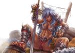  1girl 2016 abs amazon armor bangs barrel bikini_armor bikini_bottom blue_hair breasts cleavage eyepatch feet female fur grin hair_between_eyes long_hair looking_at_viewer maxa&#039; messy_hair muscle navel no_socks orange_eyes pauldrons sandals scar signature sitting smile solo spikes spread_legs sword tan thigh_strap toenails toes toned vambraces warrior weapon white_background 