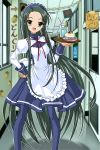  1girl apron cake fang food green_eyes green_hair long_hair looking_at_viewer maid maid_apron maid_headdress miyanose_you ribbon solo standing suzumiya_haruhi_no_tsuisou suzumiya_haruhi_no_yuuutsu tray tsuruya very_long_hair 