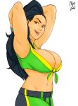  1girl armpits arms_behind_head arms_up asymmetrical_hair black_hair breasts brown_eyes capcom cleavage cornrows dark_skin front-tie_top large_breasts laura_matsuda long_hair mrpotatoparty solo street_fighter street_fighter_v upper_body 