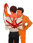  2boys black_hair dress_shirt facing_away fang formal grin hand_in_pocket looking_at_viewer male_focus matsuno_osomatsu multiple_boys off_shoulder osomatsu-kun osomatsu-san pummy rope rope_marks shibari shibari_over_clothes shirt simple_background smile suit tougou_(osomatsu-kun) white_background 