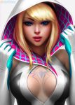  1girl adapted_costume blonde_hair blue_eyes breasts cleavage gwen_stacy looking_at_viewer marvel michelle_hoefener solo spider-gwen spider-man_(series) 