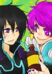  1boy 1girl black_hair fur harold_berselius jacket judas pink_eyes pink_hair short_hair smile tales_of_(series) tales_of_destiny_2 violet_eyes 