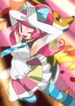  1girl aria_(pokemon) armpits delphox elbow_gloves elle_(pokemon) gloves hainchu happy nintendo pink_eyes pink_hair pokemon smile 