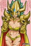  1girl bikini boots breasts cape chicago-x claws cleavage collar digimon fang female gauntlets gem gloves green_hair helmet hips horn kinkakumon knee_pads large_breasts legs lowres monster_girl muscle open_mouth scar short_hair shoulder_pads skull striped_bikini swimsuit thighs tiger_print 