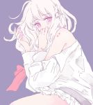  1girl bare_shoulders bite_mark blonde_hair blush covering covering_mouth crying diabolik_lovers komori_yui limited_palette looking_at_viewer nail_polish pale_color petite pink_eyes school_uniform simple_background skirt solo tears uniform 
