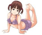  1girl arched_back arm_support barefoot brown_eyes brown_hair child feet full_body light_smile looking_at_viewer monochrome on_floor purple_swimsuit short_twintails simple_background soles solo swimsuit takei_shikin toes twintails white_background 