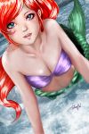  1girl ariel_(disney) blue_eyes breasts cleavage disney futumbo looking_at_viewer mermaid monster_girl redhead shell shell_bikini solo the_little_mermaid water 