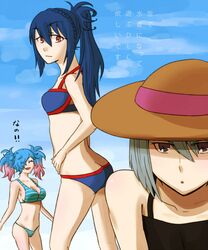  3girls ass back bare_shoulders belka_(fire_emblem_if) bikini blue_hair braid breasts brown_eyes butt_crack cleavage closed_eyes fire_emblem fire_emblem_if hair_over_one_eye hat long_hair midriff multicolored_hair multiple_girls navel oboro_(fire_emblem_if) open_mouth pieri_(fire_emblem_if) ponytail short_hair swimsuit twintails violet_eyes 