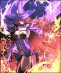  1girl arc_system_works black_sclera blazblue blazblue:_central_fiction breasts cape dress fire gloves glowing glowing_eyes hair_over_one_eye hat konoe_a_mercury large_breasts long_hair phantom_(blazblue) pink_hair short_dress smile solo thigh-highs witch_hat yellow_eyes 