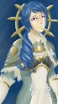  1girl armor blue_background blue_hair fire_emblem fire_emblem_if gradient gradient_background mizusas ponytail scar solo violet_eyes yuugiri_(fire_emblem_if) 